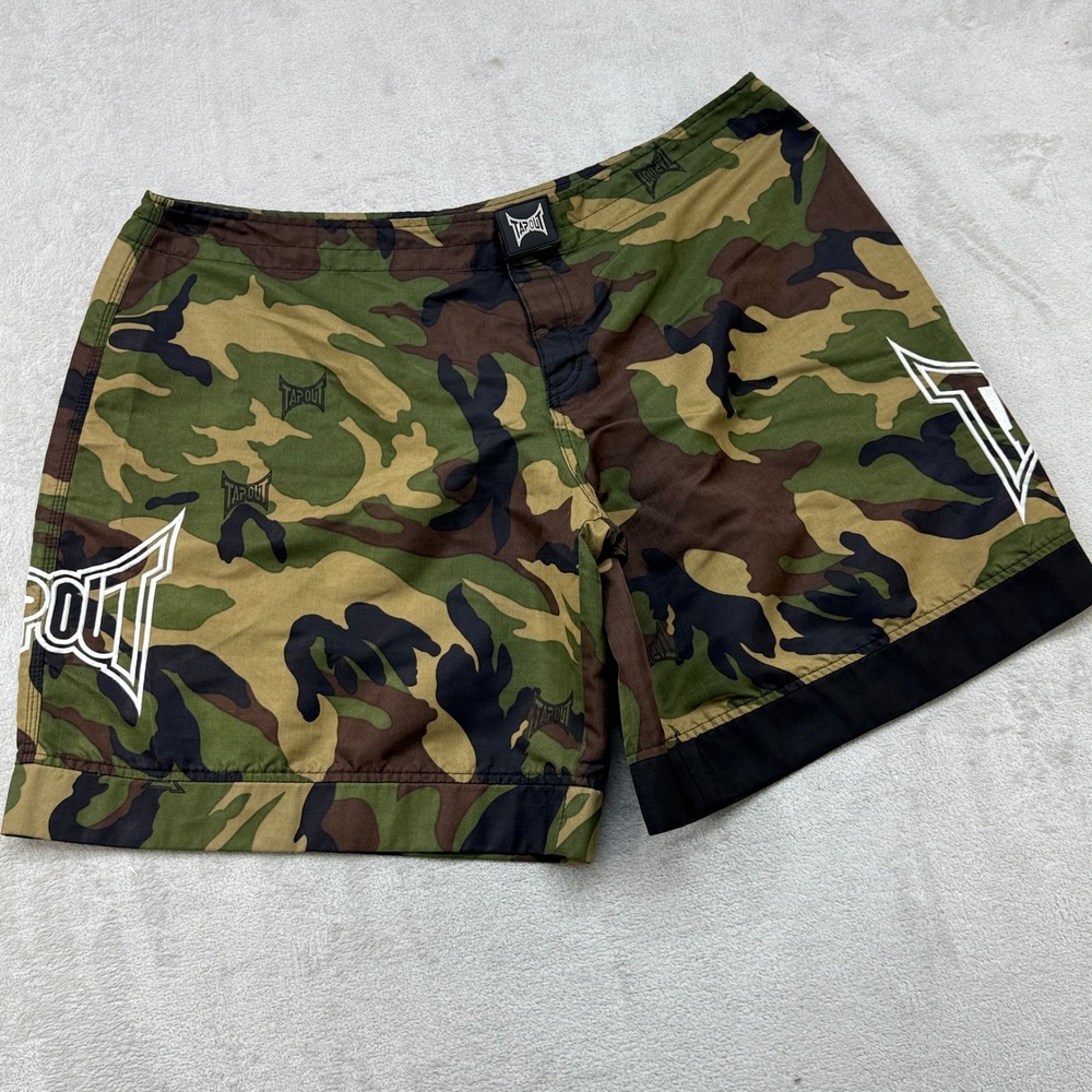 VTG Tapout MMA Fight Shorts Mens XL Green Camo Ripstop Embroidered Logo Training
